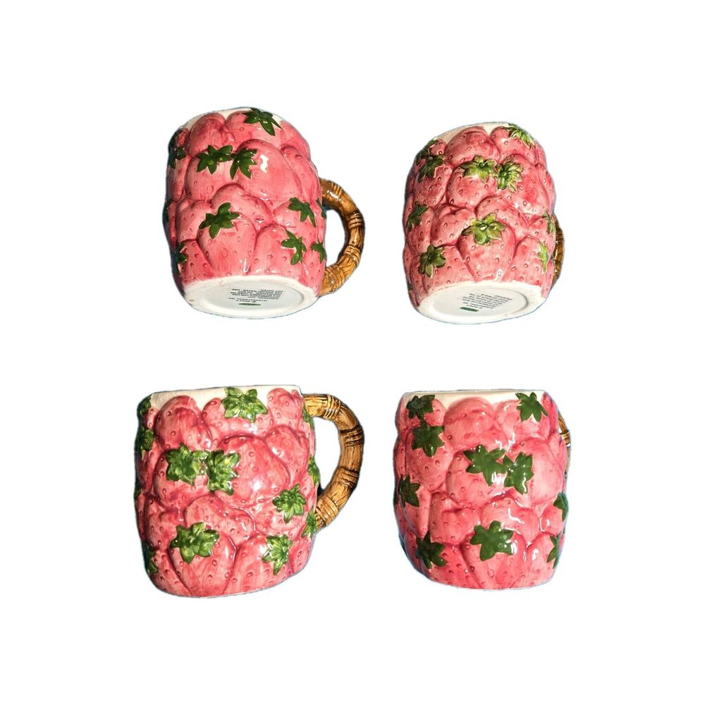Vintage Wang's International Strawberry Ceramic Tea Cup Set of 4 (Two chipped)
